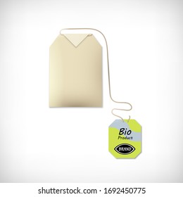 Tea Bag with Label. Sign Bio Product. Brand place.  Mock up for different designs. Vector illustration. 
