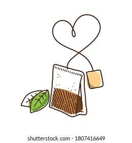 Tea bag and tea leaves doodle with tea bag string shaped like a heart or love symbol, hand drawn vector doodle drawing isolated on white background.