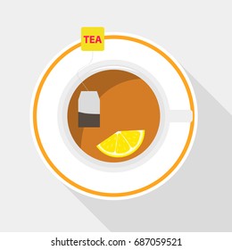 A tea bag with lemon is brewed in a cup. A cup of tea. Flat design, vector illustration, vector.