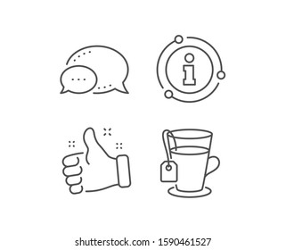 Tea with bag line icon. Chat bubble, info sign elements. Hot drink sign. Fresh beverage symbol. Linear tea outline icon. Information bubble. Vector
