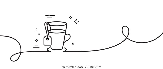 Tea with bag line icon. Continuous one line with curl. Hot drink sign. Fresh beverage symbol. Tea single outline ribbon. Loop curve pattern. Vector