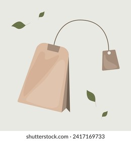 Tea bag on a green background with tea leaves.