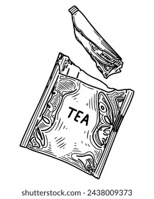 Teebeutel in offener Verpackungsskizze. Paket mit gebrautem Getränk. Handgezeichnete Vektorliniendiagramm.