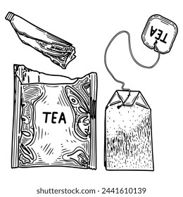 Tea bag in open packaging sketch. Brewing the drink. Hand drawn vector line illustration.