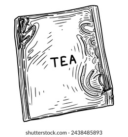 Teebeutel in Verpackungsskizze. Paket mit gebrautem Getränk. Handgezeichnete Vektorliniendiagramm.