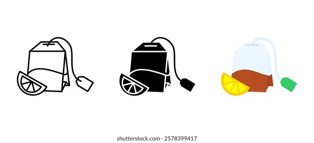 Tea bag with piece of orange icon. Scented tea with citrus flavor symbol.