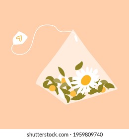 A tea bag. Pyramid tea bag with herbs and chamomile in the style of flat, cartoon. Isolated on a delicate background. Cute vector element for design, sticker, illustration.