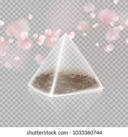 Tea bag pyramid shape isolated on transparent background. Realistic 3d teabag with flying petals. Vector mock up for your tea advertising design.
