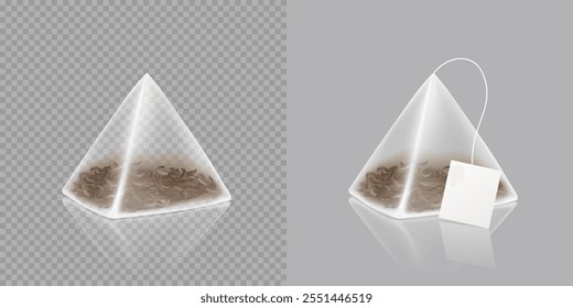 Tea bag pyramid shape isolated on transparent background. Vector triangle realistic 3d teabag with label element design	
