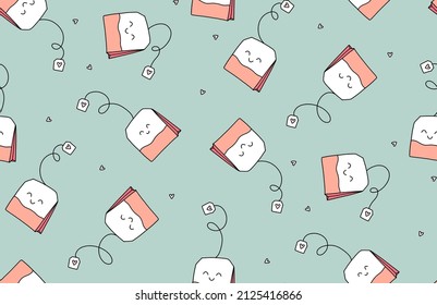 Tea bag seamless pattern, kawaii childish design. Tea time Nursery romantic collection , good morning design 