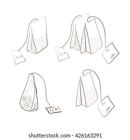 Tea bag. Set. Sketch. Plain pattern.