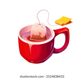 La bolsita de té está empapada en una taza roja llena de agua caliente. Bolsa de té de bebidas de hierbas de Vector de dibujos animados con una cadena y etiqueta, captura un momento cálido y calmante de preparación de té, elaboración de cerveza y proceso de cocción