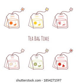 Tiempo de bolso de té. Té de fruta. Naranja, limón, fresa, Apple, Kiwi y té de sandía. Vector de ilustración.