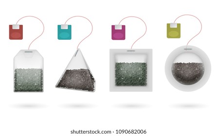 Tea bags with black and green brewing tea isolated vector. Set of teabag with label tag, hot drink illustration
