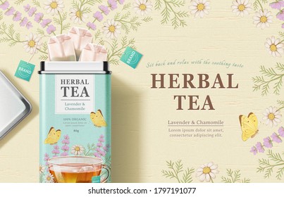 Tea bags box design in 3d illustration over chamomile and lavender engraving design background, herbal tea product ads