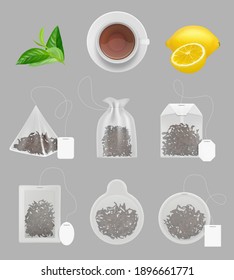 Tea bags collection. Realistic templates of green and black transparent tea bags various geometric shapes with paper tags labels decent vector set