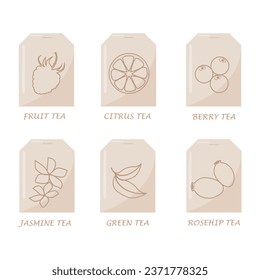 Bolsas de té con diferentes sabores.Colección de etiquetas.Diseño plano.Ilustración vectorial.
