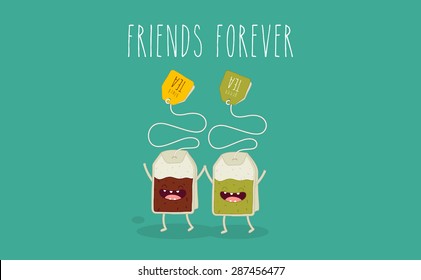 Tea bags. Green tea and black tea friend forever. Comic characters. Vector cartoon. Use for card, poster, banner, web design and print on t-shirt. Easy to edit. Vector illustration.