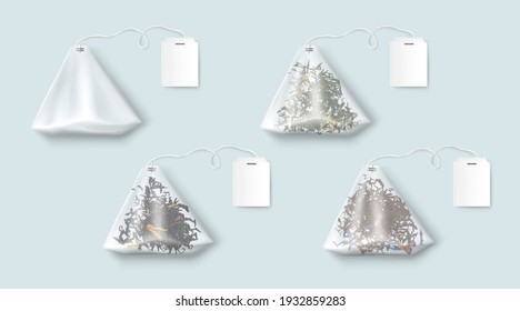 Tea bags with green and black leaves and herbs. Vector realistic set of transparent triangle teabags with blank white tag on string. Empty 3d sachet isolated on blue background