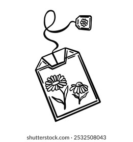 tea bags herbal chamomile flower inside. Tea bag packaging with label icon. Isolated. 