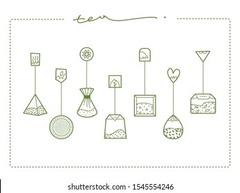 Tea bags illustration with labels In round, rectangle, square, pyramid shapes. Vector icons for your design. Isolated on white background.