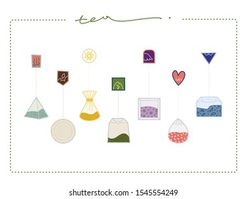 Tea bags illustration with labels In round, rectangle, square, pyramid shapes. Vector icons for your design. Isolated on white background.