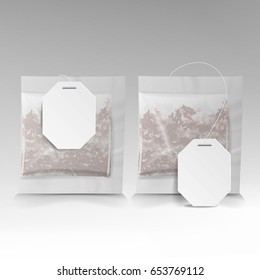 Tea Bags Illustration With Labels. Square Shape. Vector Mock Up Illustration For Your Design. Isolated On White