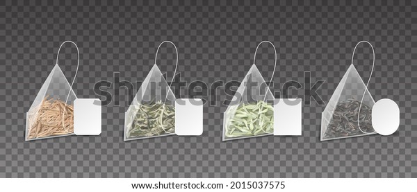 Tea bags.\
Realistic pyramids. 3D teabags for brewing green or black and\
herbal beverages. Packs set with cardboard blank labels mockup. Dry\
leaves in triangles. Vector Chinese\
drink
