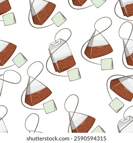 Tea bags seamless pattern. Tea seamless. Black tea background. Black tea patterns for fabric, packaging, coffee shops. Hand Drawn vector illustration