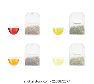 Tea bags with white labels. Vector illustration isolated on white background. Ready for your design. EPS10.