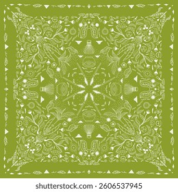 Tea Bandana Print, green bandana pattern. Pattern, Tea, flowers, tea leaves, Teapot, Matcha Green Tea, and decorative line ornament. Green and white pattern.