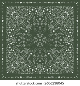 Tea Bandana Print, paisley seamless pattern. Pattern, Tea, flowers, tea leaves, Teapot, Matcha Green Tea, and decorative line ornament. Green and white pattern.