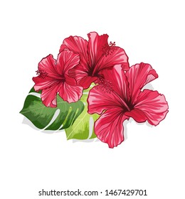 Tea Banner or Card with Hawaiian Hibiscus Red Fragrance Flower. Bright Green Leaves Vector Patterned Backdrop for Tea Packaging Print Design. Tropical Karkade or Bissap Herbal Tea