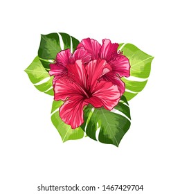 Tea Banner or Card Card with Hawaiian Hibiscus Red Fragrance Flower. Bright Green Leaves Vector Backdrop for Tea Packaging Print Design. Tropical Karkade or Bissap Herbal Tea