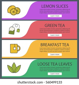 Tea banner templates set. Lemon slices, tea mug and bag, loose leaves. Website menu items. Color web banner. Vector headers design concepts