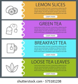 Tea banner templates set. Lemon slices, tea mug and bag, mint leaves. Website menu items with linear icons. Color web banner. Vector headers design concepts