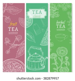 Tea banners, black tea, fruit tea, herb tea, hand drawn elements 