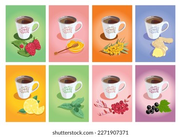 Teebeutel-Set. Eine Tasse Himbeertee, Minze, Ingwer, Seeborn, Honig, Cranberry, Johannisbeere und Zitrone. Sammlung von Vektorgrafiken mit heißen Beeren und Kräutergetränken.
