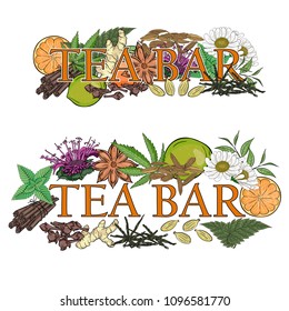 Tea bar. Illustration of flowers, leaves and fruits for a tea bar.