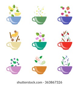 Tea with berries and flowers, tea time Flat Vector Illustration Set