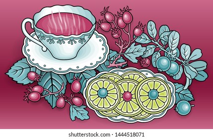 Tea, berries, fruits hand drawn vector doodles illustration. Nature and food elements and objects cartoon background.  