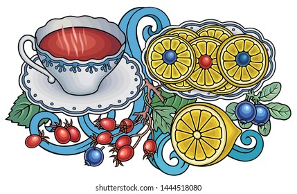 Tea, berries, fruits hand drawn vector doodles illustration. Nature and food elements and objects cartoon background.  