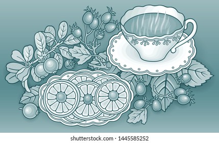 Tea, berries, fruits hand drawn vector doodles illustration. Nature and food elements and objects cartoon background.  