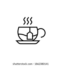 Tea, beverage, coffee, cup icon, symbol in flat black line style, isolated on white background