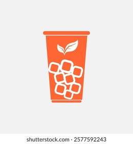 Tea Beverage Cup Icon with Ice Cubes and Leaf Symbol Design. Illustration of an orange beverage cup displaying ice cubes and a green leaf symbol, representing freshness, cold drinks, organic ingredien