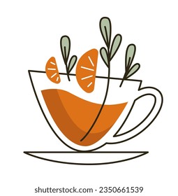 Tea beverage poured in cup, isolated tasty and organic product. Mug with orange slices and mint leaves, delicious breakfast or dinner in cafe or restaurant. Vector in flat style illustration