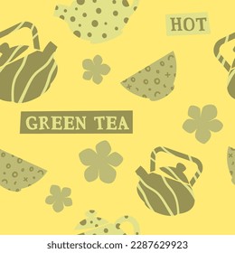 Tea beverages and drinks variety, tasty and delicious herbal assortment. Pots and kettles with cups for drinking, shop or cafe. Seamless pattern, wallpaper or background print. Vector in flat style