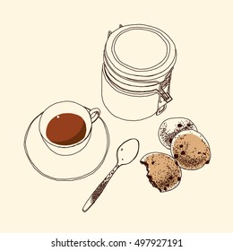 Tea and biscuits. Vector hand-drawn sketch.