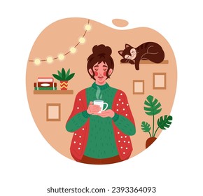 Tea and blanket in winter. Alone autumn cartoon character warming arms. Cute girl drinking hot beverage. Evening relaxation at cozy home. Hugging with cat. Hygge leisure. Vector art tidy background