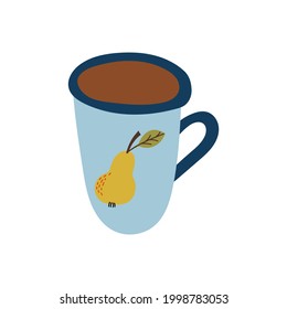 Tea in blue cup with a pattern of pear . Vector illustration